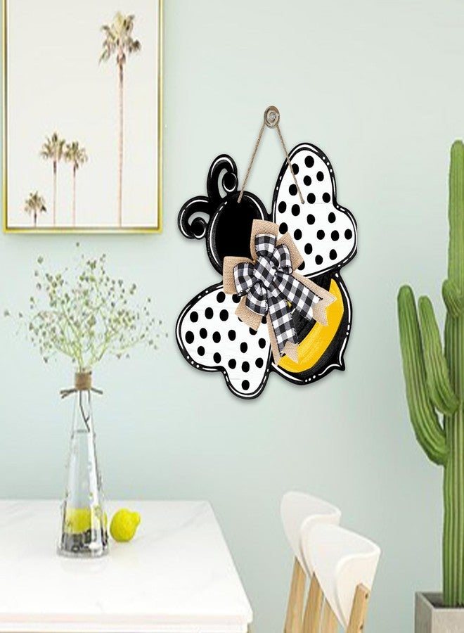 Deroro Bumble Bee Spring Summer Front Door Sign, Polka Dot Farmhouse Wood Door Hanger Outdoor Outside Porch Decor, Wooden Wreath with Buffalo Plaid Check Bow Indoor Wall Hanging Decoration - Image 4